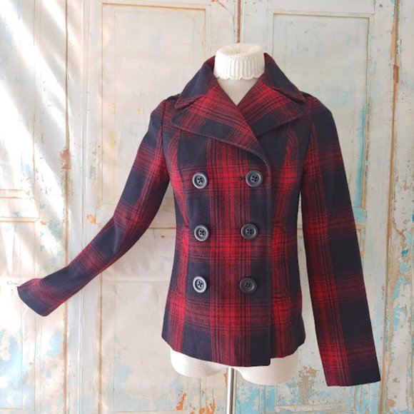 Old Navy plaid wool lined button heavy pea coat/XS/red & navy blue - Picture 1 of 11